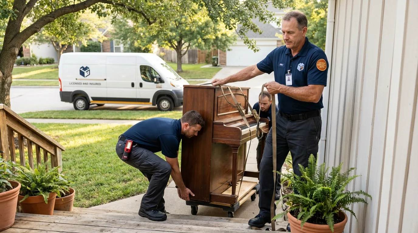 Licensed piano movers securing grand piano in Washington, PA