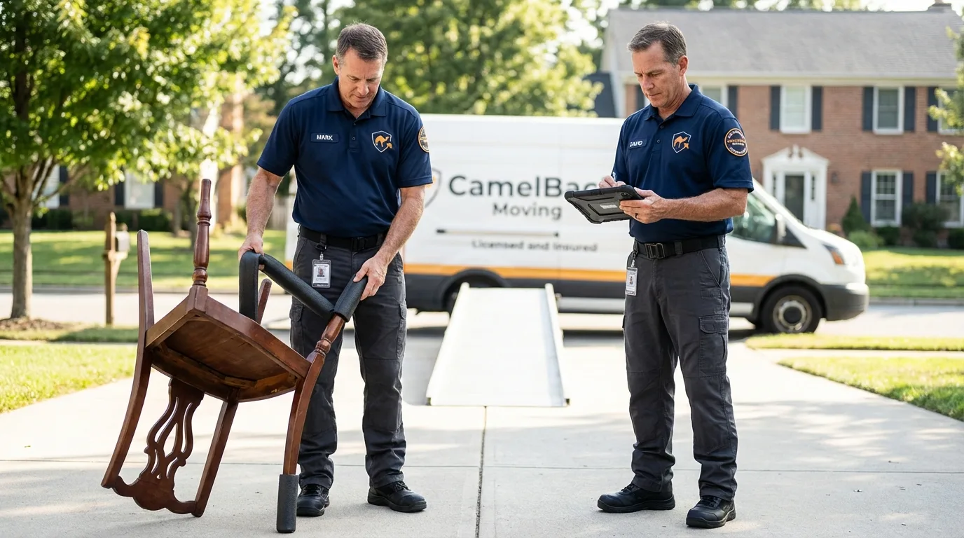 Movers inspecting furniture for damage prevention before loading in Washington, PA