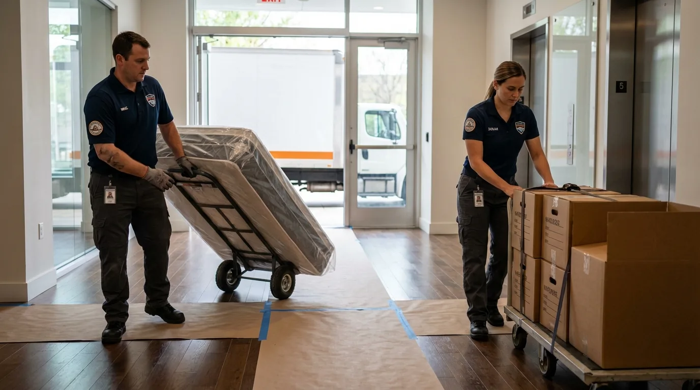 Professional apartment movers loading elevator in Washington, PA